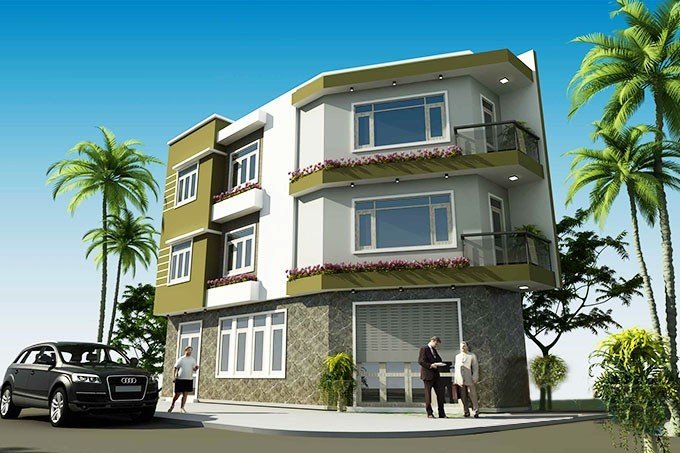 Phối cảnh mẫu nh&agrave; l&ocirc; g&oacute;c 3 tầng.