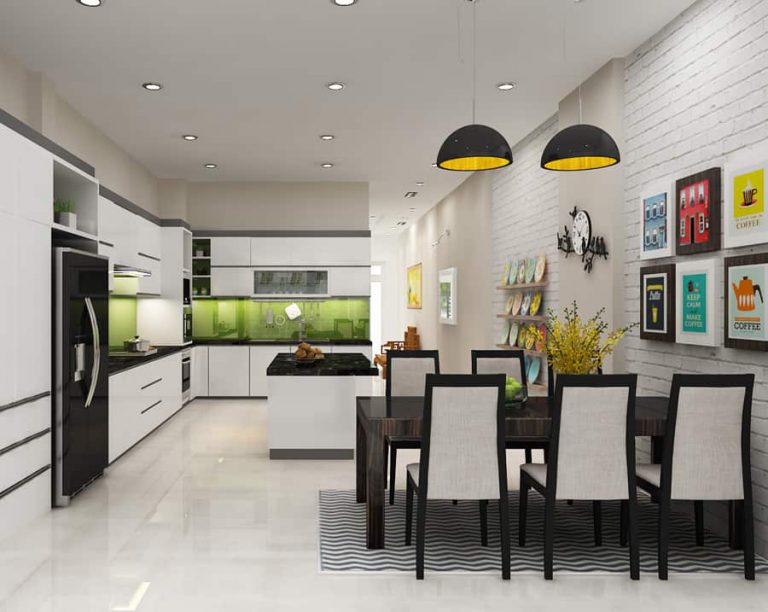 Ph&ograve;ng bếp kết hợp ph&ograve;ng ăn được thiết kế với t&ocirc;ng m&agrave;u trắng - đen kết hợp h&agrave;i h&ograve;a, tạo kh&ocirc;ng gian rộng r&atilde;i, tho&aacute;ng s&aacute;ng.