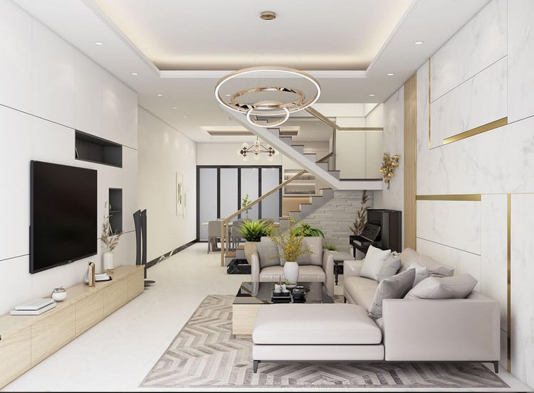 Ph&ograve;ng kh&aacute;ch được thiết kế đơn giản nhưng vẫn to&aacute;t l&ecirc;n n&eacute;t hiện đại, tinh tế v&agrave; thể hiện đẳng cấp của gia chủ.
