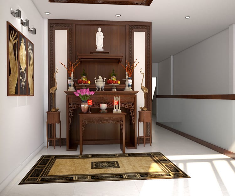 Ph&ograve;ng thờ được thiết kế tối giản nhưng vẫn to&aacute;t l&ecirc;n vẻ t&ocirc;n nghi&ecirc;m, trang trọng.