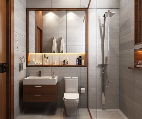 Chất liệu nội thất mang lại cảm gi&aacute;c sang trọng, hiện đại cho ph&ograve;ng vệ sinh.
