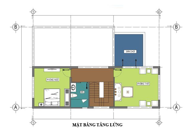 Mặt bằng công năng tầng lửng nhà cấp 4 mái lệch.