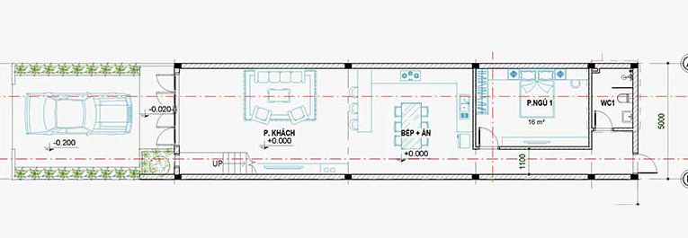 Mặt bằng tầng trệt nhà cấp 4 gác lửng.