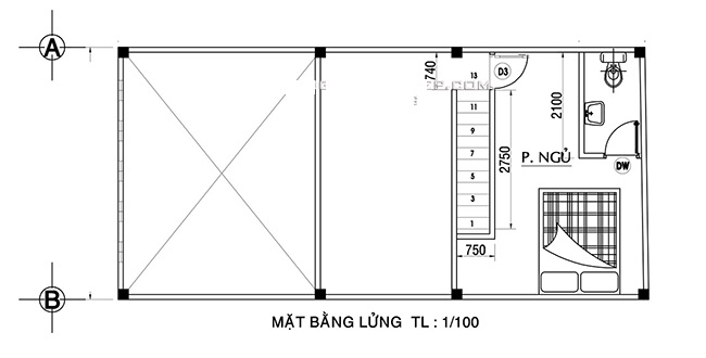 Tầng lửng nhà cấp 4 bố trí phòng ngủ cho con và 1 phòng vệ sinh.