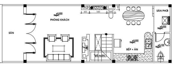 Mặt bằng công năng tầng trệt nhà cấp 4 có gác lửng 4x16m.