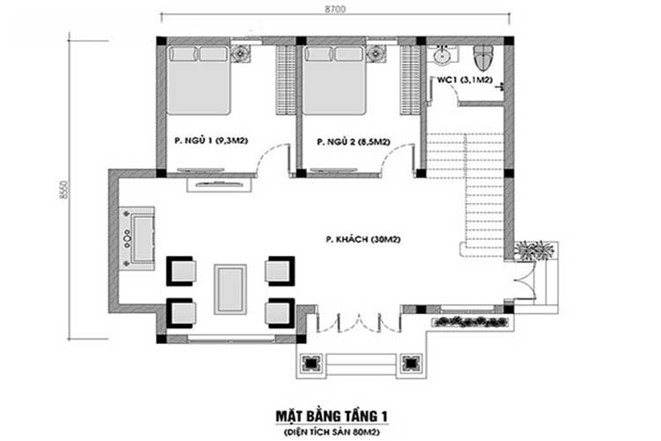 Mặt bằng tầng trệt nhà cấp 4 gác lửng mái bằng.