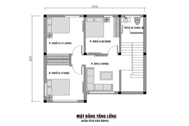 Mặt bằng tầng lửng nhà cấp 4 mái bằng.