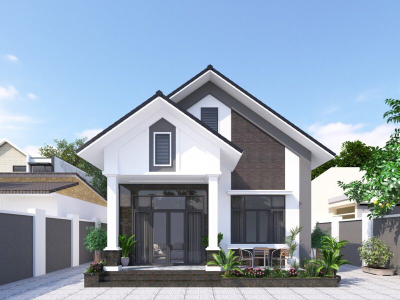 Phối cảnh 3D mẫu nhà cấp 4 gác lửng mái Thái hiện đại.