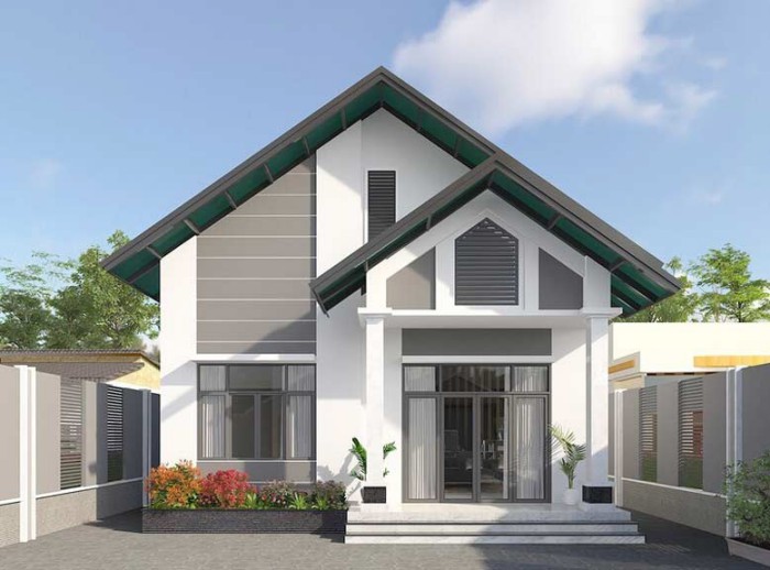 Nh&agrave; cấp 4 m&aacute;i Th&aacute;i c&oacute; g&aacute;c lửng với thiết kế mặt tiền đơn giản hiện đại.