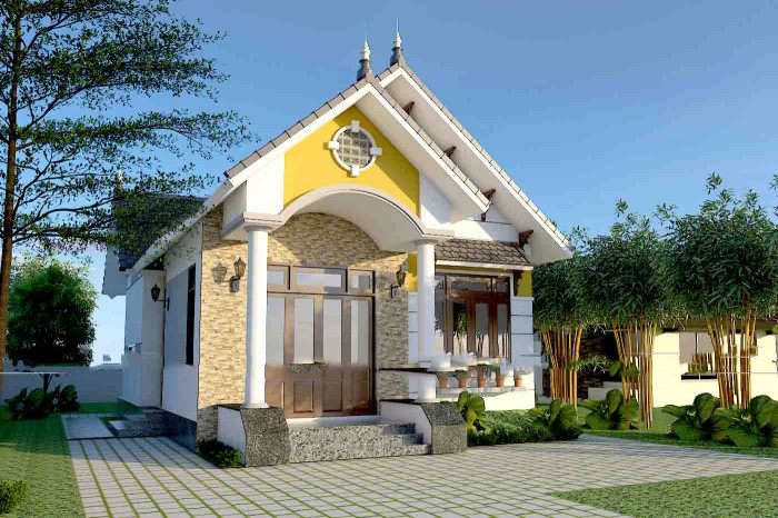 Mẫu nh&agrave; cấp 4 m&aacute;i Th&aacute;i g&aacute;c lửng hai mặt tiền tho&aacute;ng đẹp.