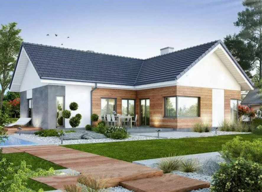 Thiết kế nh&agrave; m&aacute;i Th&aacute;i cấp 4 h&igrave;nh chữ L h&agrave;i h&ograve;a với cảnh quan thi&ecirc;n nhi&ecirc;n.