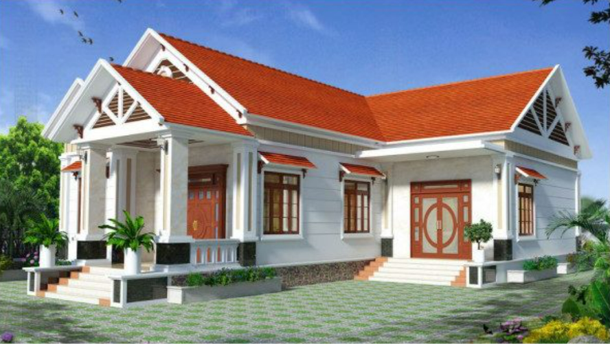 Mẫu nh&agrave; cấp 4 lợp m&aacute;i Th&aacute;i m&agrave;u đỏ ấm &aacute;p, quen thuộc ở v&ugrave;ng qu&ecirc;.