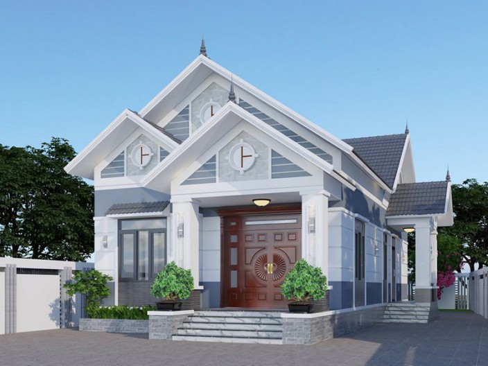 Hệ cửa gỗ tự nhi&ecirc;n t&ocirc;ng m&agrave;u tương phản với bảng m&agrave;u chủ đạo của nh&agrave; cấp 4 m&aacute;i Th&aacute;i tạo điểm nhấn h&uacute;t mắt cho mặt tiền nh&agrave;.