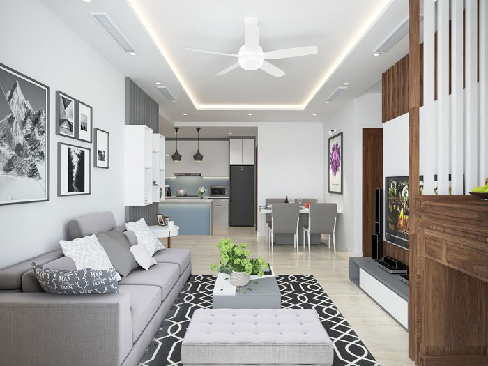 Ph&ograve;ng kh&aacute;ch v&agrave; khu bếp, ph&ograve;ng ăn được thiết kế li&ecirc;n th&ocirc;ng mang lại cảm gi&aacute;c rộng r&atilde;i, tho&aacute;ng đ&atilde;ng hơn cho căn hộ.