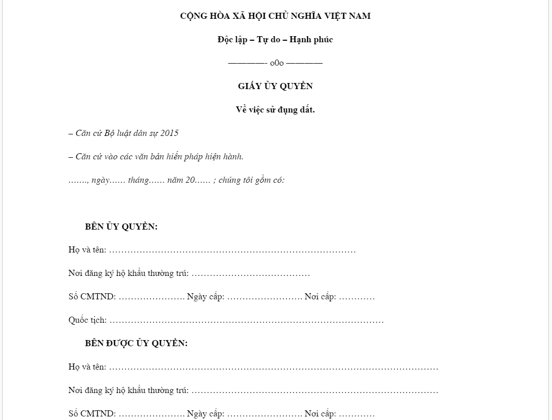 cận cảnh mẫu giấy ủy quyền sử dụng đất