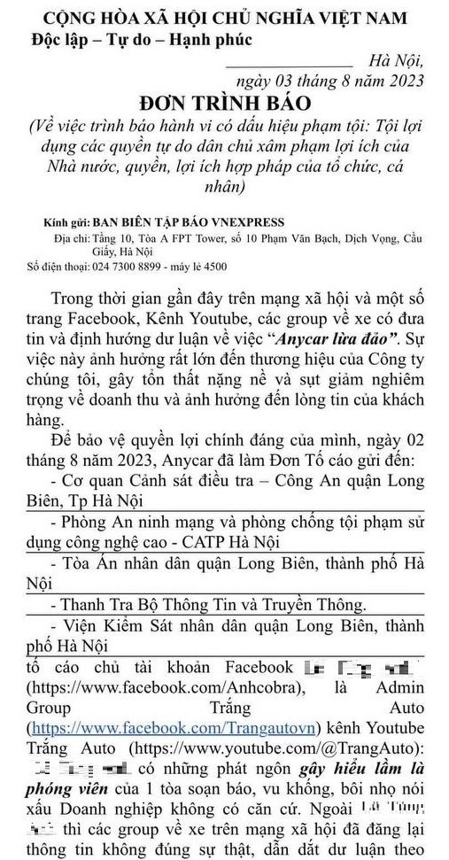 AnyCar gửi đơn trình báo tới các cơ quan chức năng để làm sáng tỏ vụ việc. 1