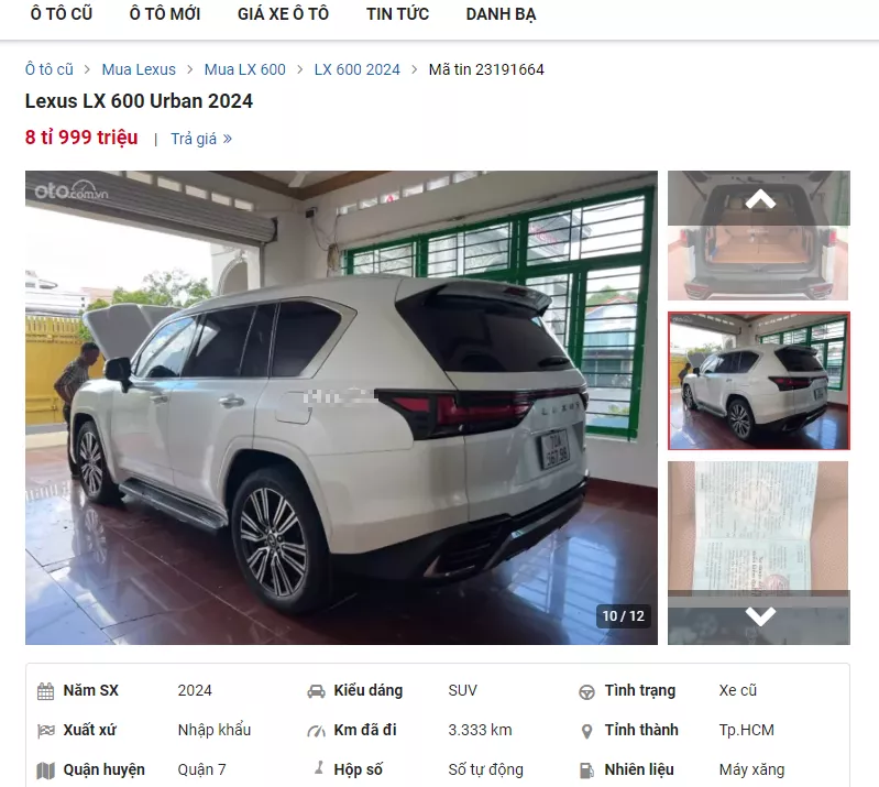 Tin rao bán xe Lexus LX 600 siêu lướt trên một chuyên trang về mua bán ô tô.