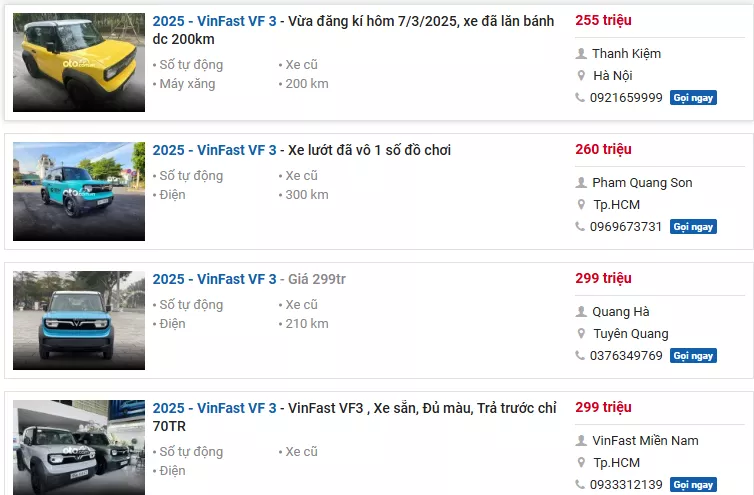 VinFast VF3 đời 2025 đã qua sử dụng đang được người dùng định giá quanh mức 255 - 299 triệu đồng. 1