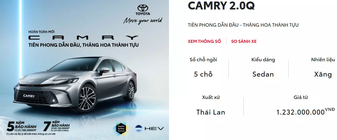 Giá xe Toyota Camry 2.0 Q tăng thêm 12 triệu đồng (ảnh chụp màn hình ngày 27/8/2025). 1