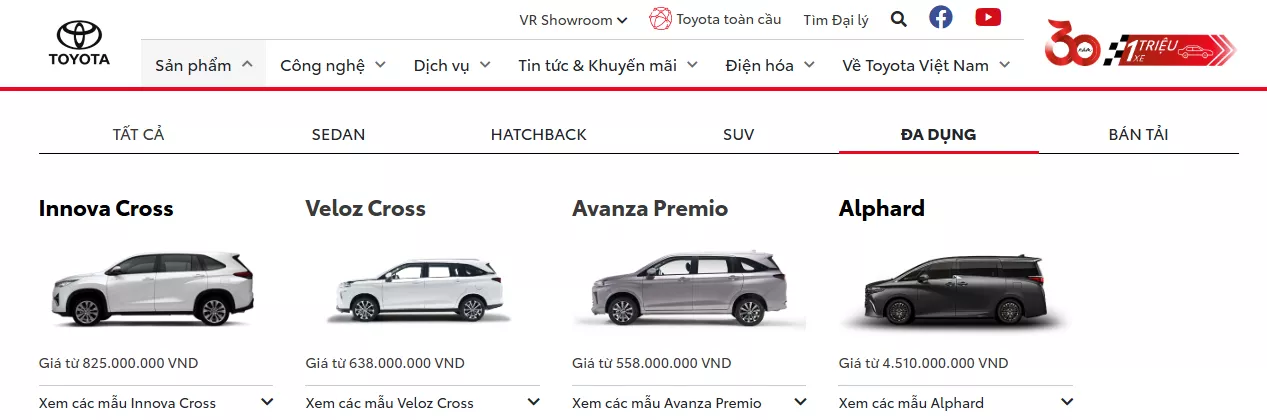 danh mục sản phẩm tại website chính thức của Toyota Việt Nam.