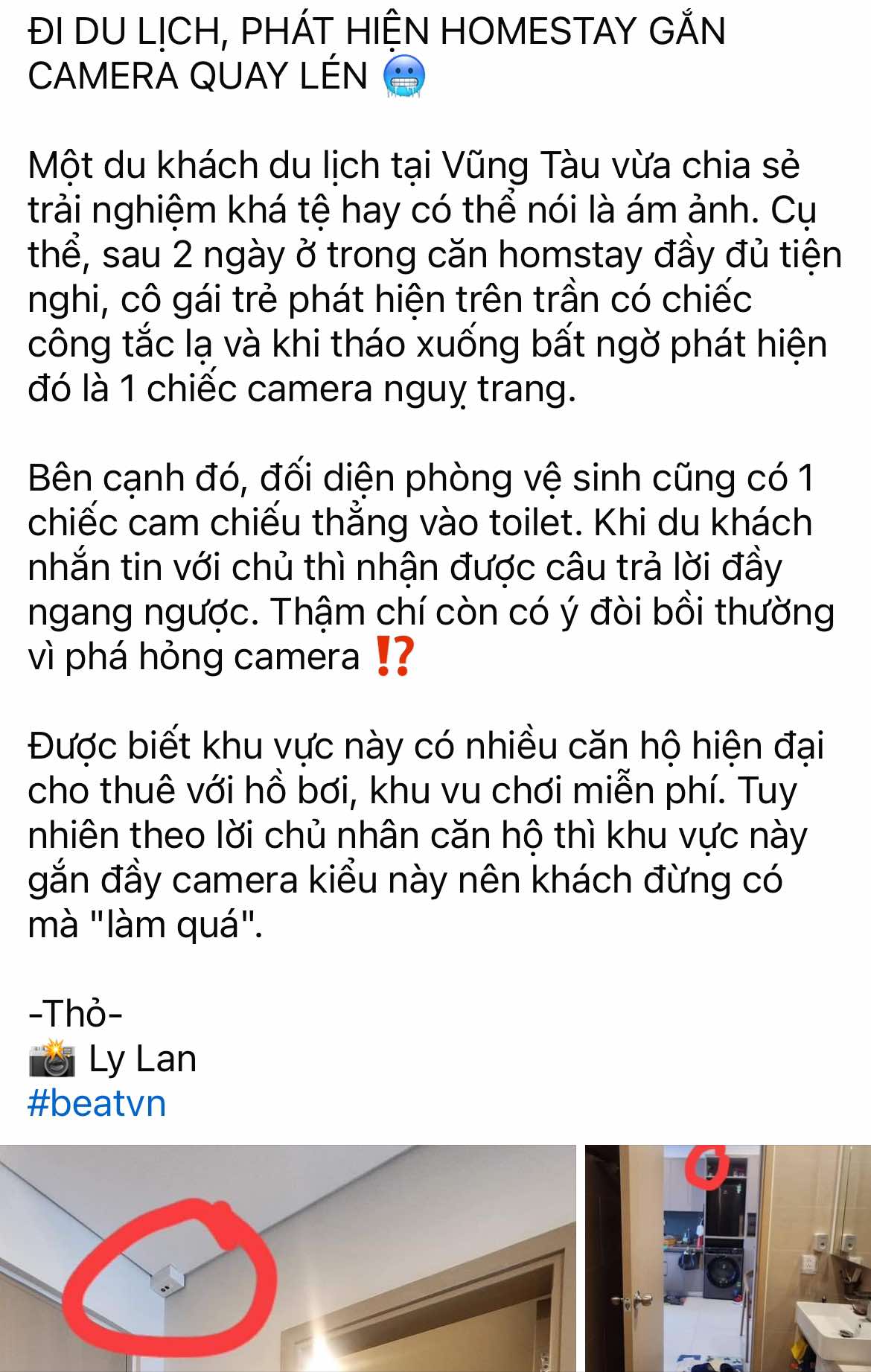 Cô gái phát hiện camera quay lén ngụy trang trong chiếc công tắc tại một homestay ở Vũng Tàu, phản ánh thì chủ nhà thách thức: "Báo công an thoải mái"- Ảnh 1.