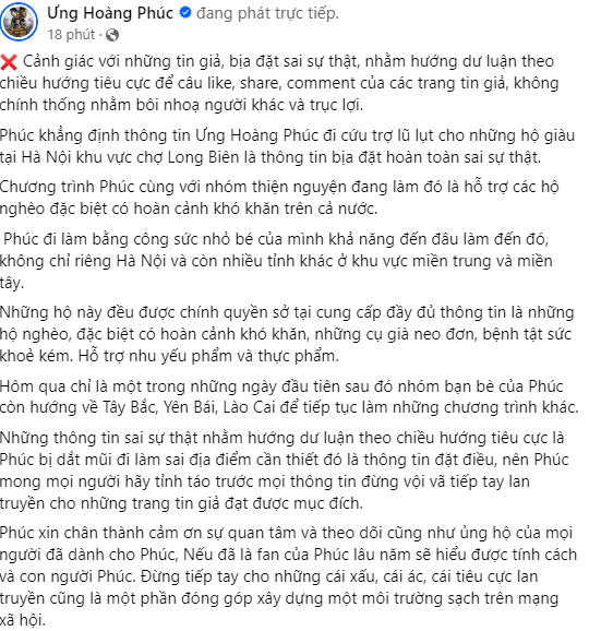 Vợ chồng ca sĩ Ưng Hoàng Phúc livestream đính chính: Tôi không cứu trợ lũ lụt cho những hộ giàu tại Hà Nội- Ảnh 4.