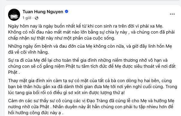 Tuấn Hưng nghẹn ngào: "Con sẽ niệm Phật, tu tâm tích đức để mẹ được siêu thoát"- Ảnh 1.