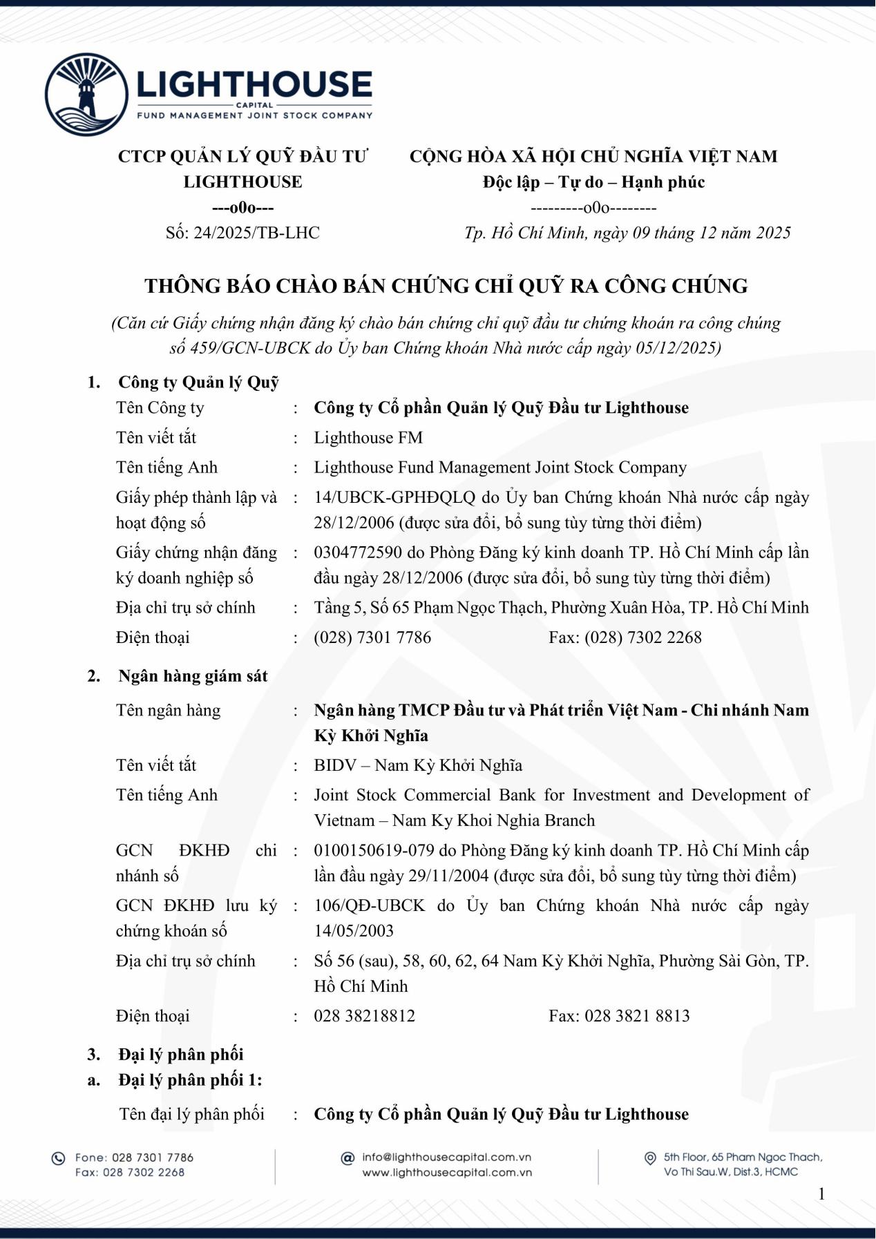 Lighthouse Capital th&ocirc;ng b&aacute;o ch&agrave;o b&aacute;n chứng chỉ Quỹ LHFCF ra c&ocirc;ng ch&uacute;ng- Ảnh 1.