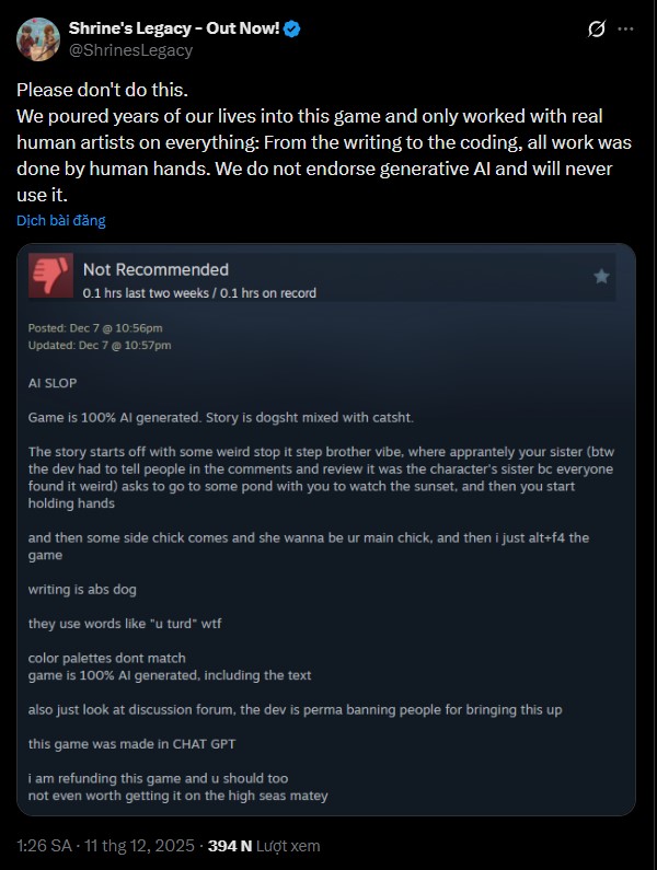 Tranh cãi gay gắt: Nhà phát triển game kêu cứu khi bị cáo buộc dùng AI tạo ra "rác phẩm" từ người dùng có 0,1 giờ chơi- Ảnh 3. Tranh cãi gay gắt: Nhà phát triển game kêu cứu khi bị cáo buộc dùng AI tạo ra "rác phẩm" từ người dùng có 0,1 giờ chơi- Ảnh 3.