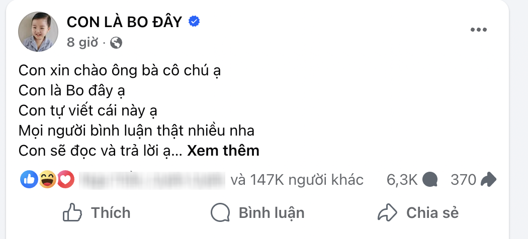 B&eacute; Bo - con trai H&ograve;a Minzy tự đăng status, hơn 6,3 triệu người &aacute;p lực v&igrave;&hellip; kh&ocirc;ng được viết tắt, kh&ocirc;ng được sai ch&iacute;nh tả- Ảnh 1.
