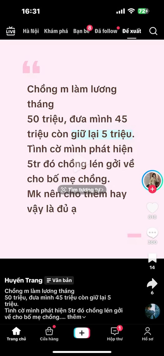 Chồng lương 50 triệu, đưa vợ 90%, giữ lại 5 triệu gửi về bố mẹ: C&ocirc; vợ c&oacute; c&acirc;u hỏi chấn động c&otilde;i mạng- Ảnh 1.