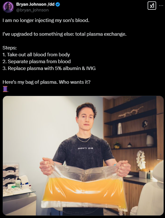 Triệu phú Bryan Johnson tuyên bố sẽ rút hết máu trong cơ thể ra ngoài, trong liệu pháp trẻ hóa mới hướng đến cuộc sống bất tử- Ảnh 1. Triệu phú Bryan Johnson tuyên bố sẽ rút hết máu trong cơ thể ra ngoài, trong liệu pháp trẻ hóa mới hướng đến cuộc sống bất tử- Ảnh 1.