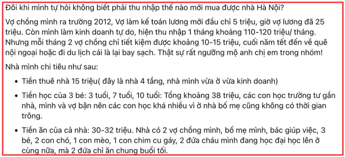 Ở nhà thuê, chi 38 triệu tiền học cho con, ông bố Hà Nội bị chê "vung tay quá trán": Xem tổng thu nhập mới gây tranh cãi - Ảnh 1. Ở nhà thuê, chi 38 triệu tiền học cho con, ông bố Hà Nội bị chê "vung tay quá trán": Xem tổng thu nhập mới gây tranh cãi - Ảnh 1.