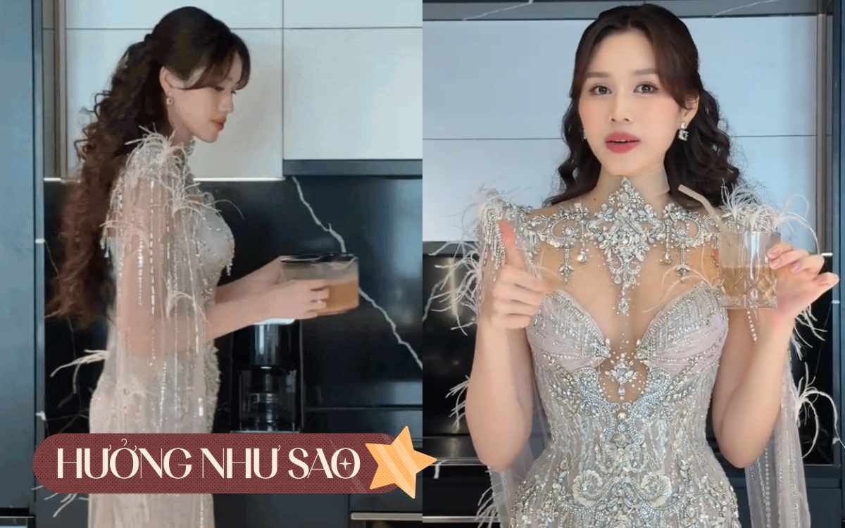 Đỗ Hà ra dáng dâu hào môn: Loanh quanh bếp núc cũng diện đầm dạ hội, dùng máy làm sữa hạt chục triệu- Ảnh 1. Đỗ Hà ra dáng dâu hào môn: Loanh quanh bếp núc cũng diện đầm dạ hội, dùng máy làm sữa hạt chục triệu- Ảnh 1.
