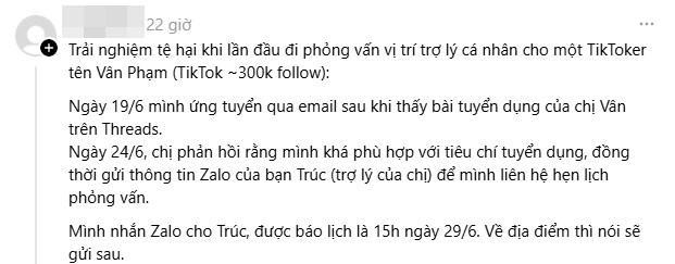 TikToker tuyển trợ l&yacute; c&aacute; nh&acirc;n, bị "phốt" để ứng vi&ecirc;n đợi 30 ph&uacute;t trong khi m&igrave;nh ngồi t&aacute;m chuyện- Ảnh 1.