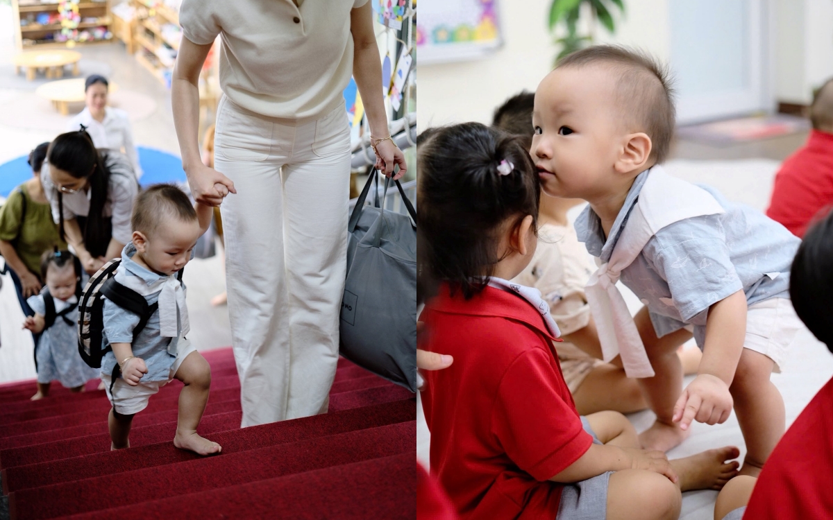 Không phải hàng hiệu, Phương Oanh chọn set đồ bình dân xem bong da truc tiep cup c1 cặp song sinh đi học ngày đầu- Ảnh 2.