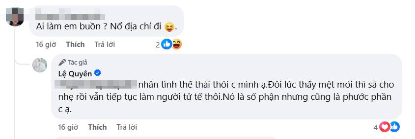 Lệ Quyên bức xúc đăng đàn: “Không phải lúc nào sự tử tế của bạn cũng được ghi nhận và trân trọng đâu”
- Ảnh 2. Lệ Quyên bức xúc đăng đàn: “Không phải lúc nào sự tử tế của bạn cũng được ghi nhận và trân trọng đâu”
- Ảnh 2.