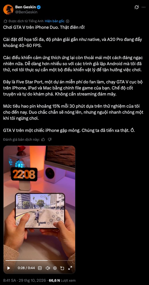 Ch&uacute;ng ta c&oacute; GTA V chạy trực tiếp tr&ecirc;n iPhone Duo trước cả GTA VI- Ảnh 1.