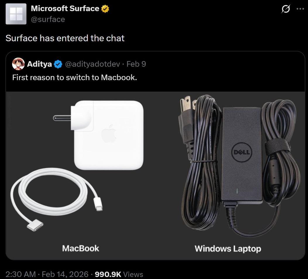 Microsoft "nóng mặt" khi laptop Windows bị chê thua MacBook chỉ vì cục sạc- Ảnh 1. Microsoft "nóng mặt" khi laptop Windows bị chê thua MacBook chỉ vì cục sạc- Ảnh 1.