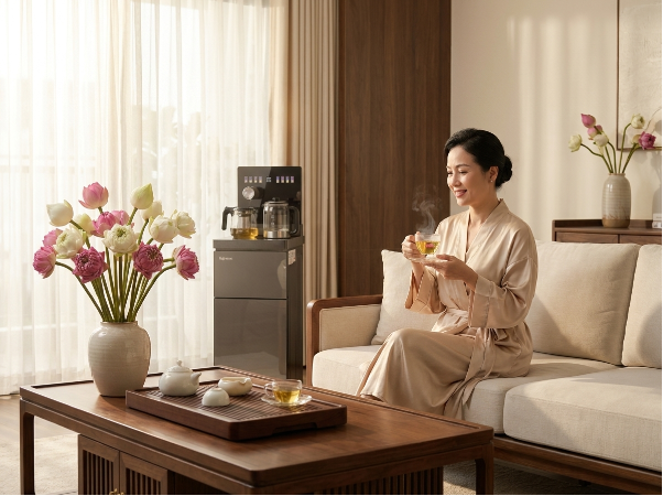 Tạm biệt nỗi &aacute;m ảnh b&ecirc; b&igrave;nh 20 l&iacute;t: C&acirc;y nước b&agrave;n tr&agrave; nối thẳng RO, biến ph&ograve;ng kh&aacute;ch th&agrave;nh "trạm pha chế" tại gia - Ảnh 1.