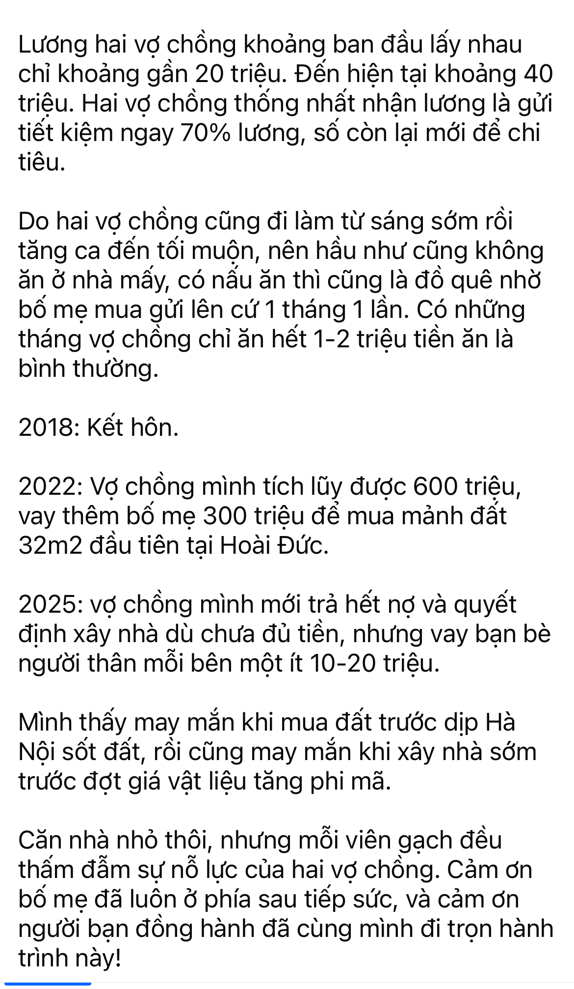 Hai vợ chồng công nhân ở Hà Nội thu nhập 20 triệu/tháng vẫn tiết kiệm được 70%, mua đất xây nhà sau 7 năm kết hôn- Ảnh 1. Hai vợ chồng công nhân ở Hà Nội thu nhập 20 triệu/tháng vẫn tiết kiệm được 70%, mua đất xây nhà sau 7 năm kết hôn- Ảnh 1.