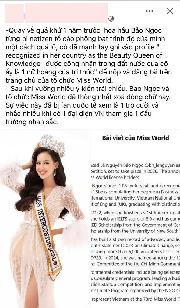 Xôn xao động thái của Miss World giữa ồn ào Bảo Ngọc "phông bạt" - Ảnh 1.