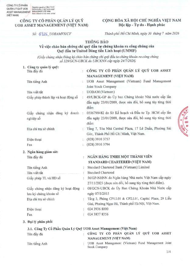 UOBAM (Việt Nam) th&ocirc;ng b&aacute;o ch&agrave;o b&aacute;n chứng chỉ Quỹ UMMF ra c&ocirc;ng ch&uacute;ng - Ảnh 1.