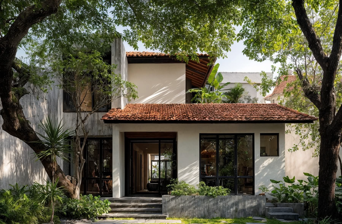 Nhà chữ L Tây Ninh: Mặt ngoài bê tông bên trong kiên cố, bên trong khoảng rỗng đôi ôm trọn thiên nhiên- Ảnh 1. Nhà chữ L Tây Ninh: Mặt ngoài bê tông bên trong kiên cố, bên trong khoảng rỗng đôi ôm trọn thiên nhiên- Ảnh 1.