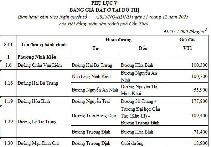 Bảng gi&aacute; đất Cần Thơ 2026: Top 10 tuyến đường c&oacute; gi&aacute; tr&ecirc;n 100 triệu/m2- Ảnh 2.