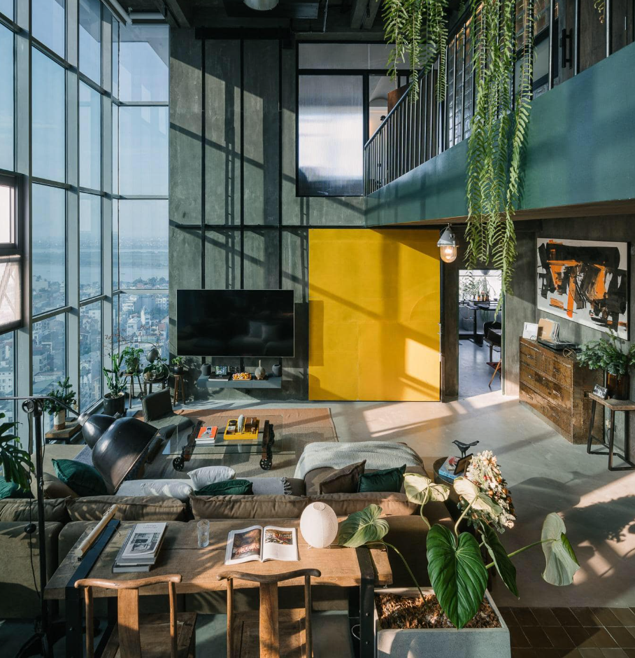 Cải tạo căn hộ th&ocirc;ng tầng H&agrave; Nội: Giải ph&aacute;p Industrial thuần h&oacute;a sức n&oacute;ng hướng T&acirc;y- Ảnh 1.