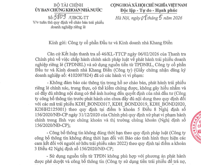 Khang Điền bị "điểm" loạt vi phạm trong ph&aacute;t h&agrave;nh v&agrave; sử dụng vốn tr&aacute;i phiếu- Ảnh 1.