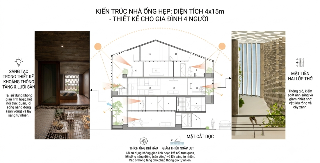 Cải tạo nh&agrave; ống hẹp 60m2 tại Huế Cấu tr&uacute;c da thở hai lớp chống nắng hướng T&acirc;y v&agrave; chống ngập- Ảnh 3.
