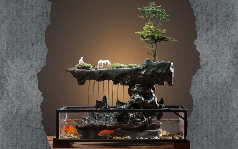 Thác nước kết hợp bể cá thủy sinh vô cùng độc đáo 