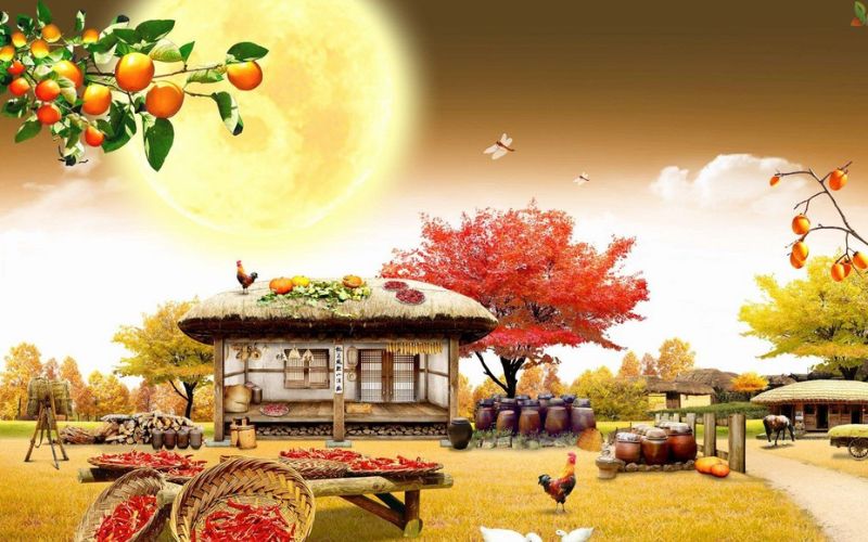 Tranh phong cảnh làng quê buổi sáng với sắc màu rực rỡ